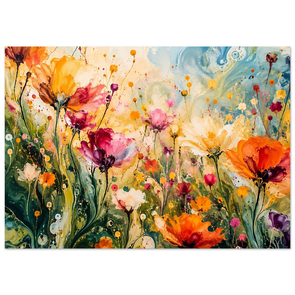 Abstraktes Blumenposter im Querformat mit farbenfrohen Blüten und Spritzdekor, im weißen Rahmen