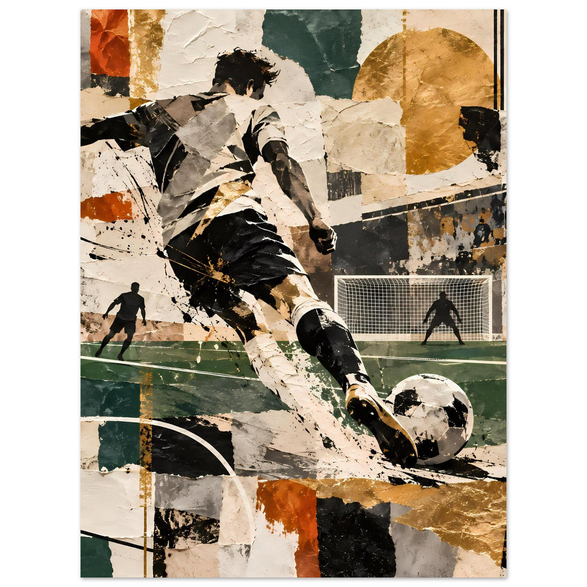 Fußball-Actionposter mit abstraktem Spieler in Schwarz und Weiß, Ball und Tor