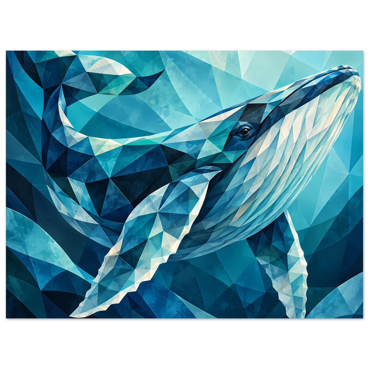 Geometrisches Wal-Poster im Querformat: Blauwal mit polygonalen Flächen in Aquamarin
