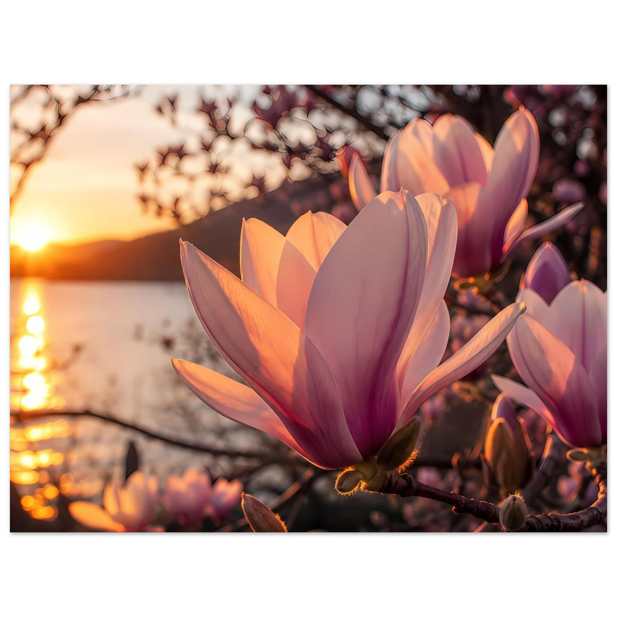 Magnolienblüten-Poster: große lila Magnolienblüte mit orangefarbenem Innenbereich