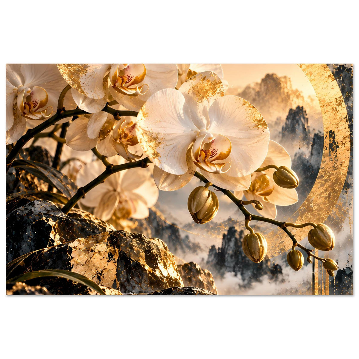 Orchideenposter mit weißen Blüten, goldgesprenkeltem Hintergrundkreis und dunklen Ästen