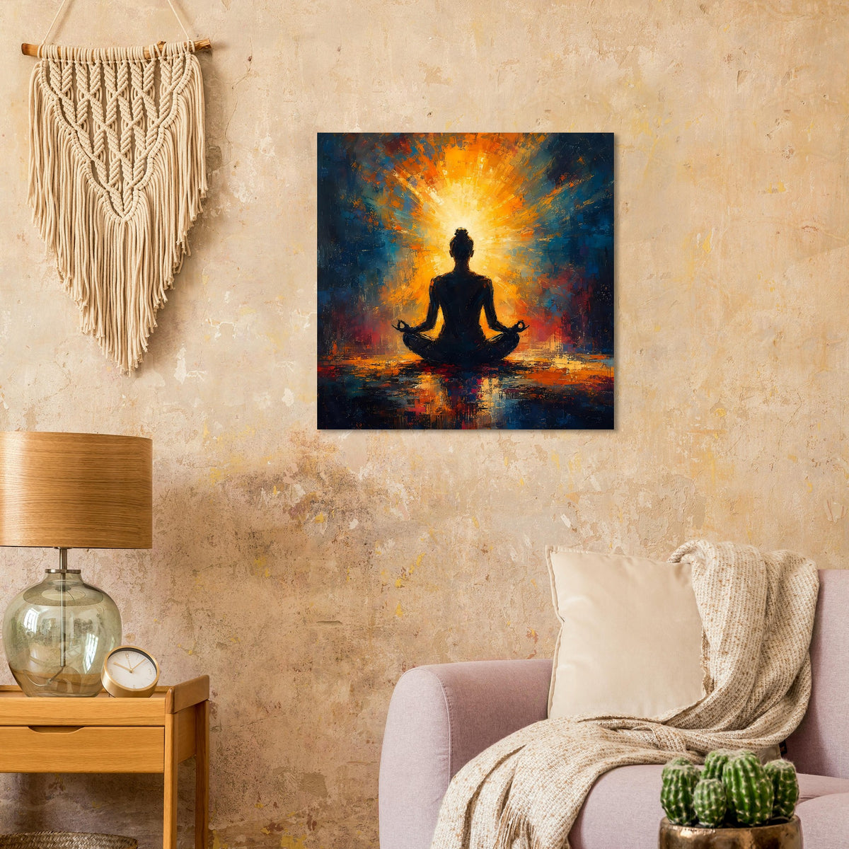 Quadratisches Poster mit Yogakontur, orangefarbenem Strahlenkranz und blauem Farbverlauf
