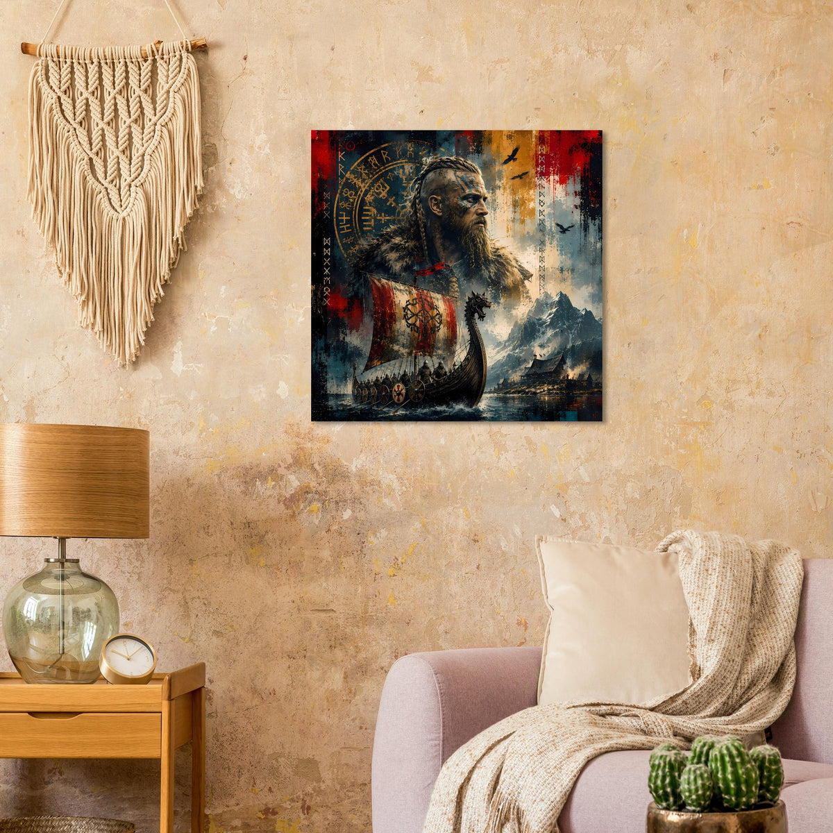 Wikinger-Legende Poster mit Kriegerporträt, Rauch- und Bergmotiv, warmen Farben.