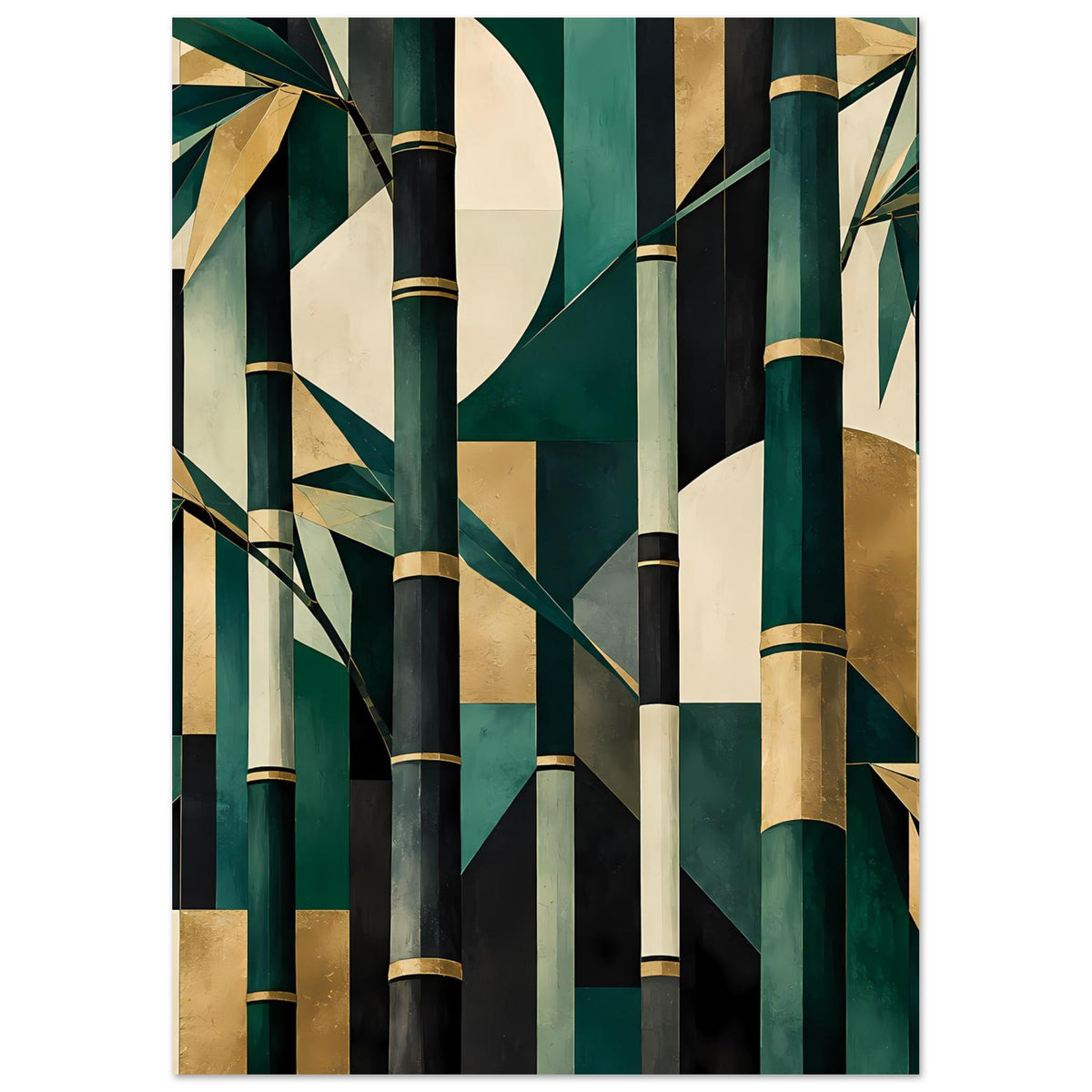 Naturposter mit Bambus-Print in Smaragdgrün, Gold und Creme, vertikal ausgerichtet