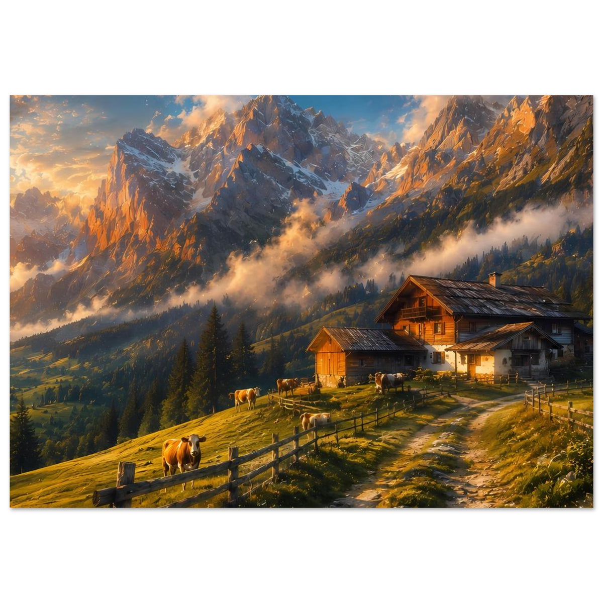 Querformat-Poster mit Almhütte, Kühen auf der Weide und Alpengipfeln bei Abendlicht