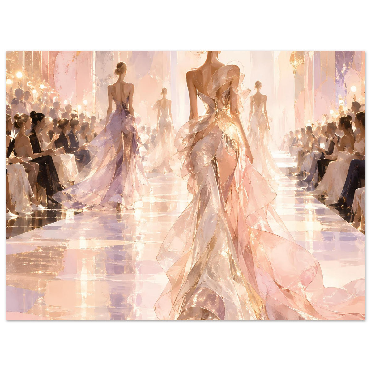 Horizontales Fashion-Poster mit Model im goldrosa Kleid auf dem Laufsteg und Zuschauern