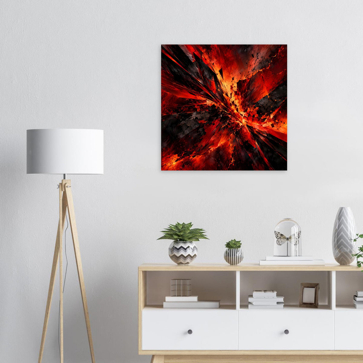 Quadratisches Kunstposter mit roter und schwarzer Strahlenexplosion