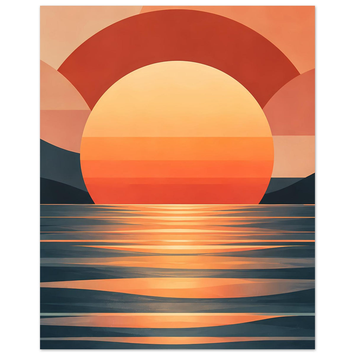 Küsten-Sonnenuntergangs-Poster, vertikal: Sonne, Bögen und Wasser mit warmen Streifen