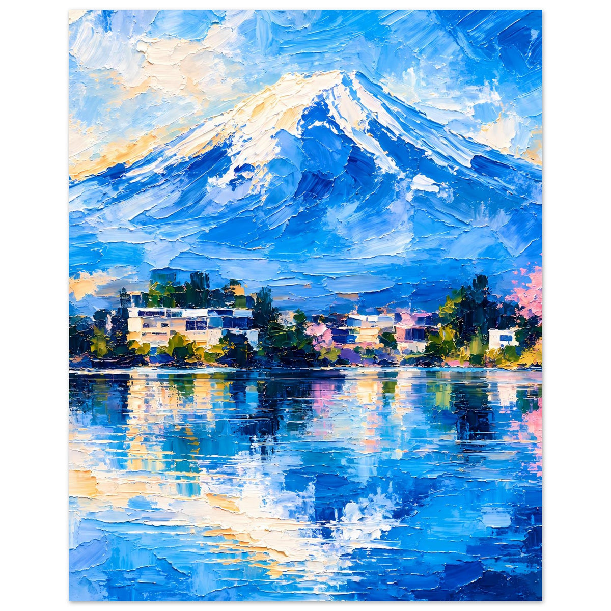 Berglandschaftsposter, vertikal: blauer Berg, kleiner Ort am Ufer und Spiegelung im See.