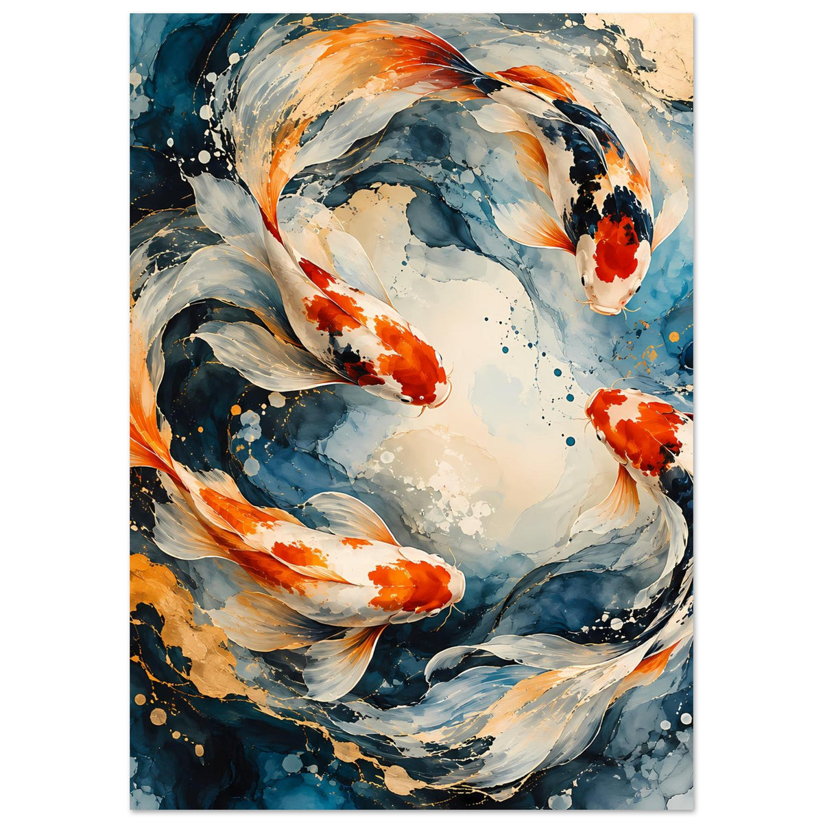 Japanisches Koi-Fisch-Poster im Hochformat: Wasserwirbel mit roten und blauen Koi