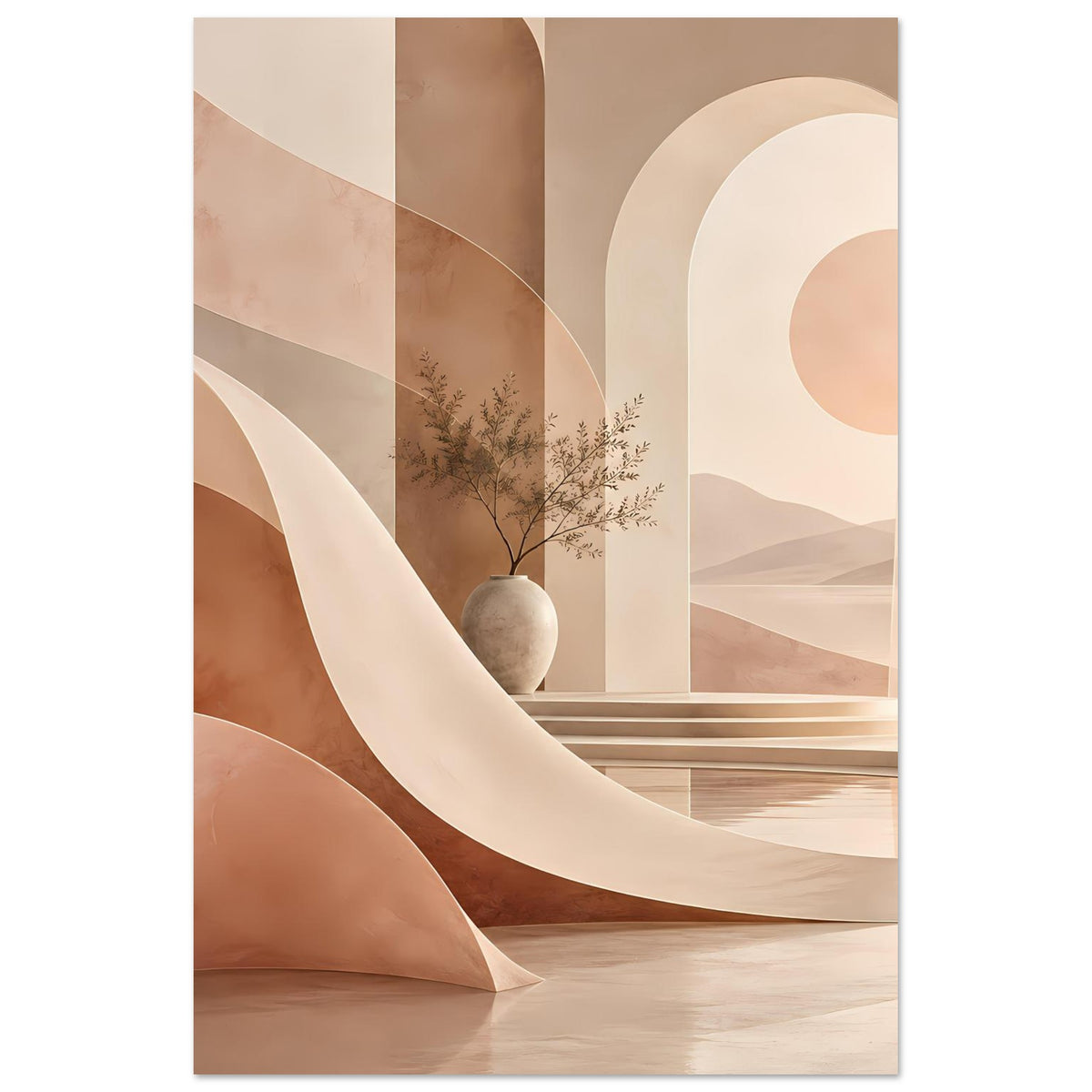 Abstraktes Poster im Hochformat mit Torbogen-Grafik in Beige/Braun und Vase mit Zweigen