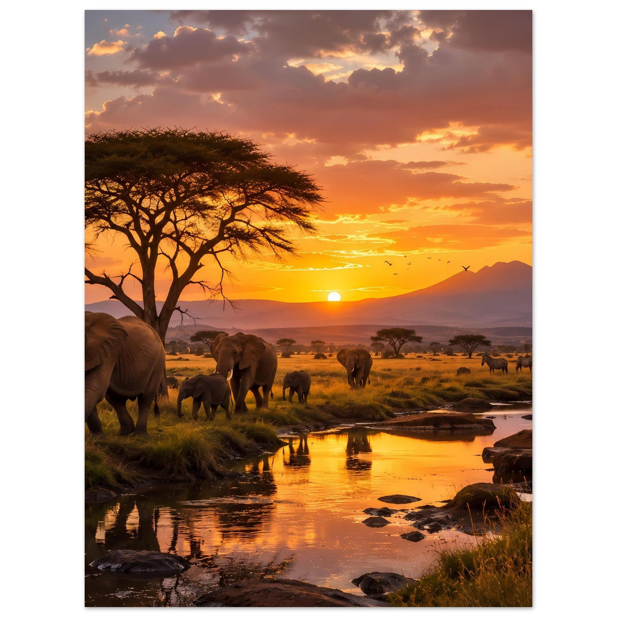 Elefanten-Savannenposter: Elefantenherde am Fluss mit Akazienbaum, Himmel über Abendsonne.