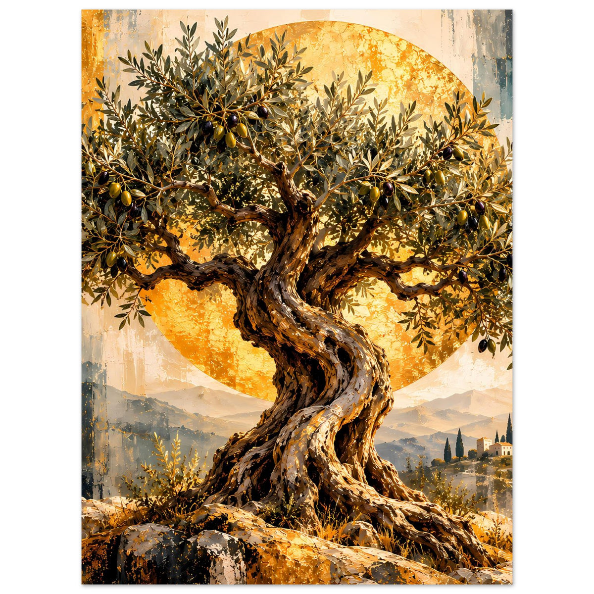 Poster mit Olivenbaum, gold schimmernden Blättern und verdrehtem Stamm, Panorama-Ausschnitt