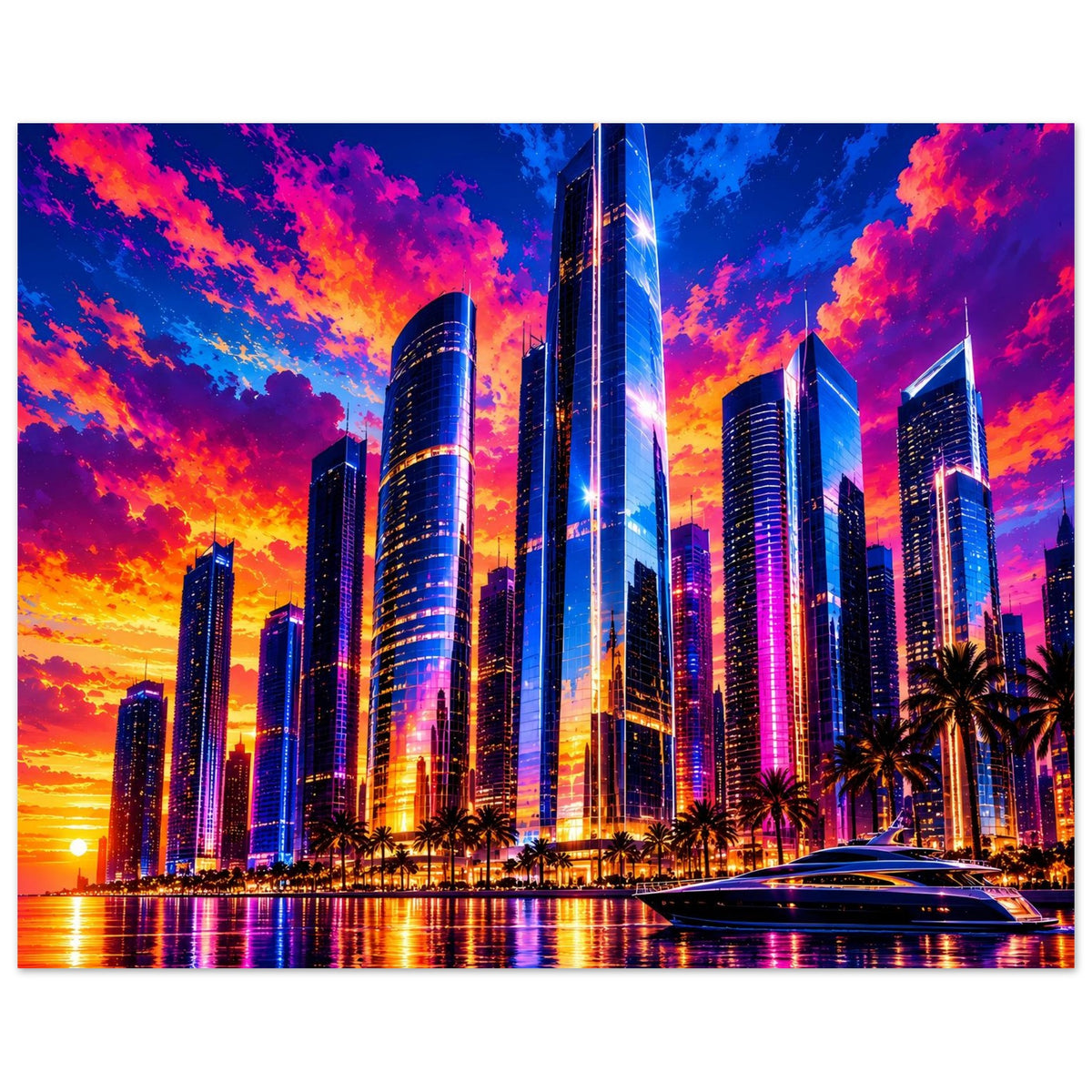 Leuchtendes Großstadt-Skyline-Poster mit Sonnenuntergangshimmel, Hochhäusern und Boot am Ufer.