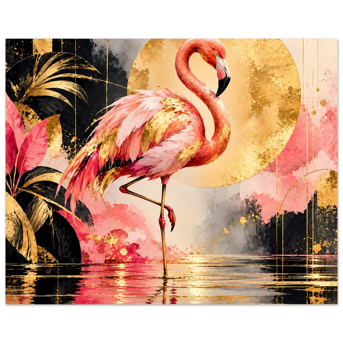 Flamingo-Tierposter: rosa Flamingo mit goldenem Kreis, Spiegelung im Wasser und Farbspritzern