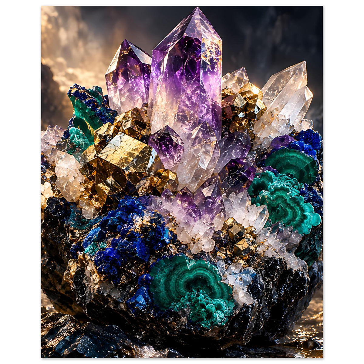 Kristallposter mit dominanten violetten Kristallspitzen, goldenen Flächen und grünblauen Mineralen