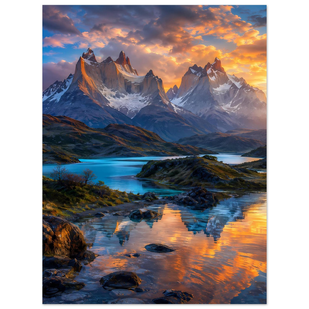 Wandposter mit Berglandschaft bei Sonnenuntergang, See, Felsen und spiegelndem Flusslauf.