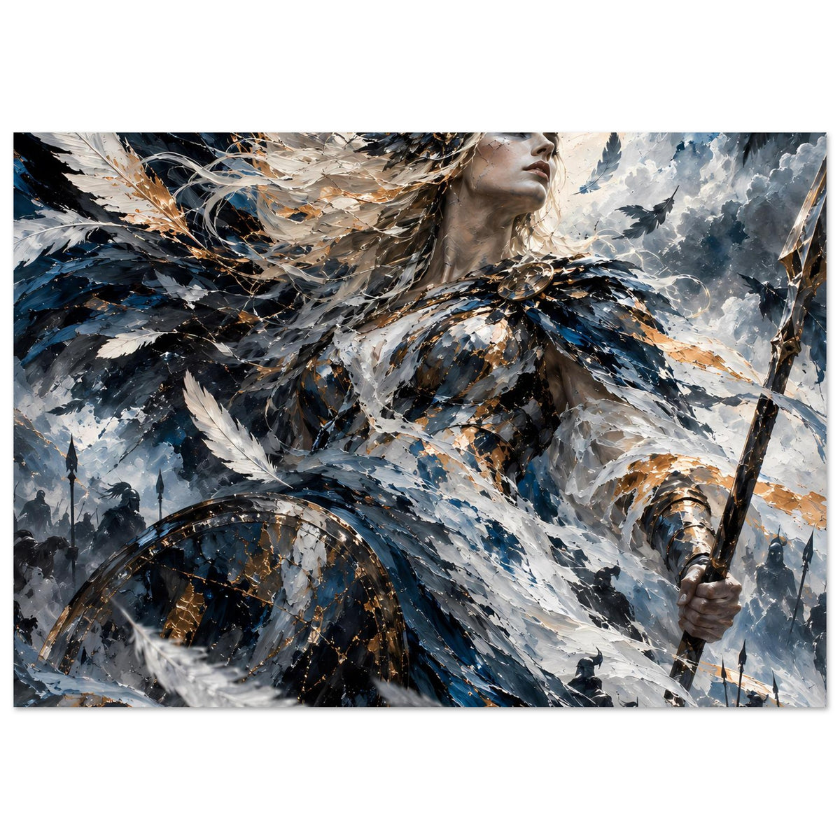 Poster mit Valkyrie-Figur in Blau-Grau und Gold, Speer und Schild, Querformat