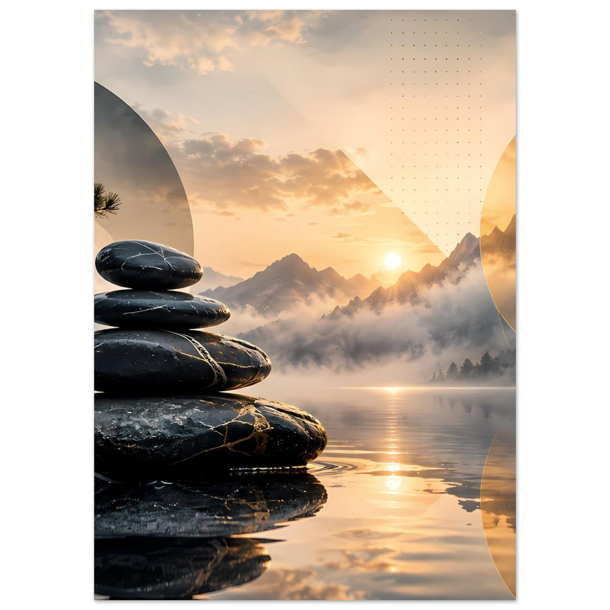 Poster im Hochformat mit Zen-Steinen, ruhigem See und Sonnenaufgang in der Ferne