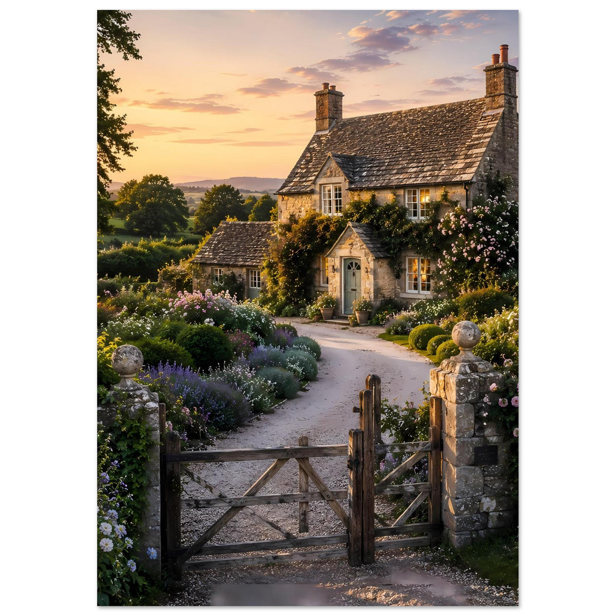 Cottage-Poster mit Gartenweg, Blumen am Zaun und Holztor, Abendhimmel im Hintergrund
