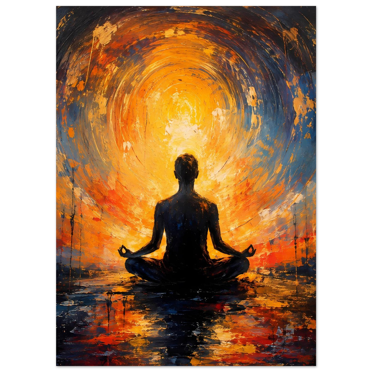 Abstraktes Poster, orange und blau: meditierende Silhouette mit leuchtendem Ring