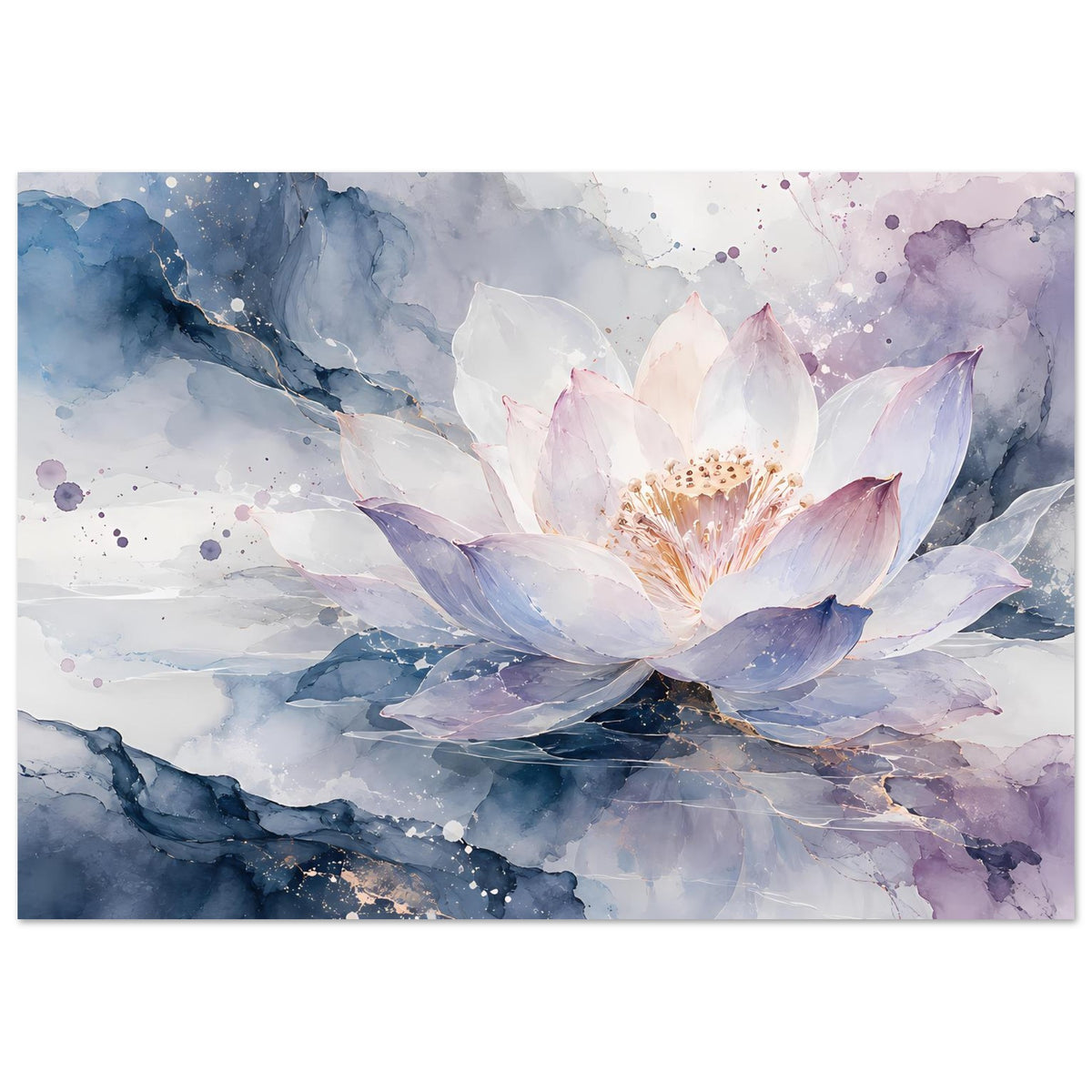 Breitformatiges Lotusblütenposter mit großer Blüte, blauen Akzenten und Aquarellspritzern