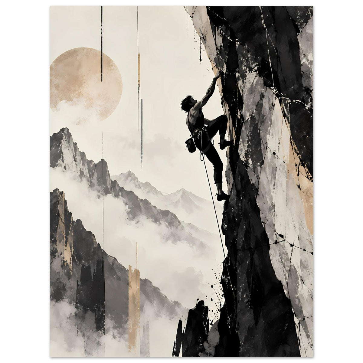 Kunstposter mit Bergsteiger am Fels, Mondscheibe links, felsige Texturen und Spritzer