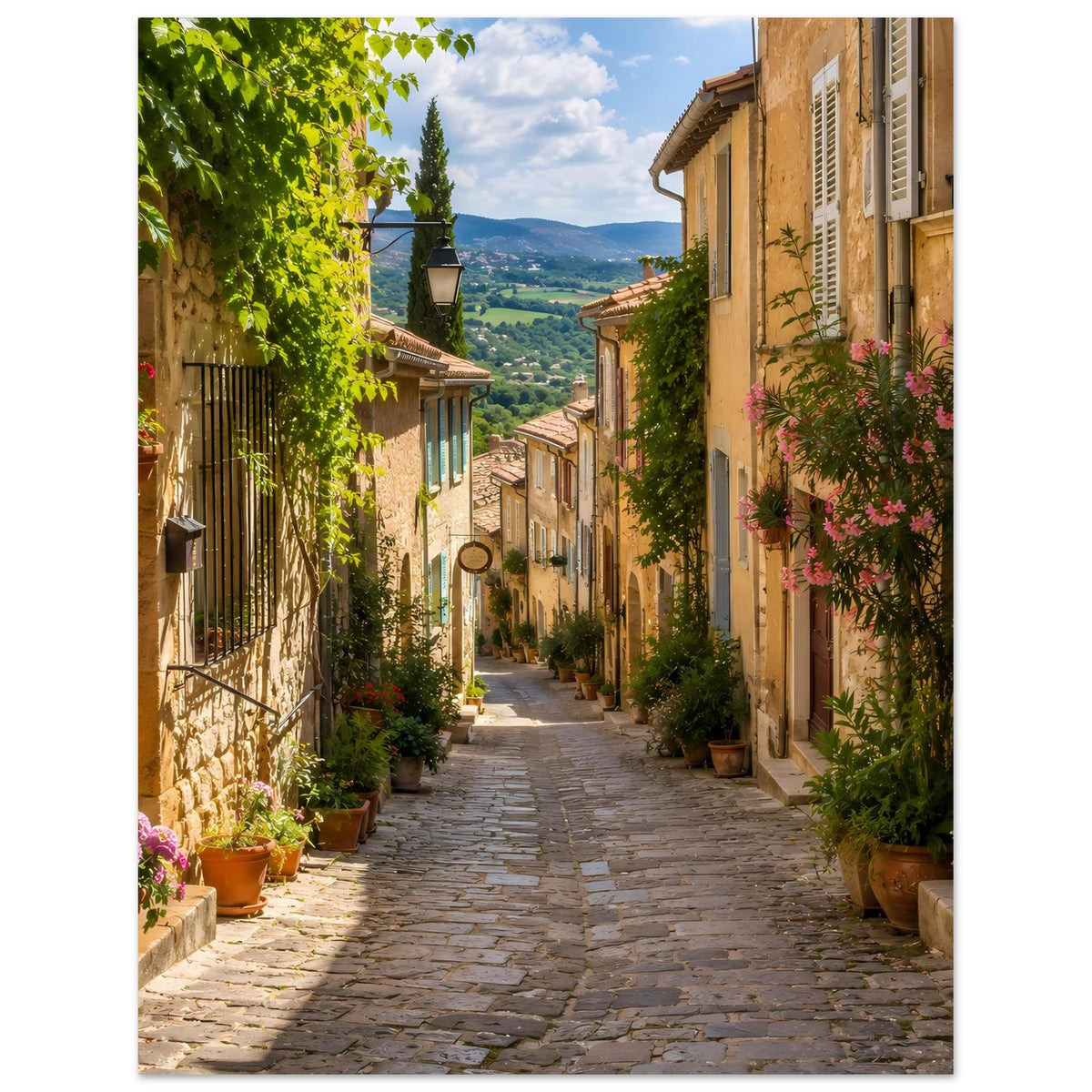 Mediterranes Dorf-Poster im Hochformat: schmale Gasse mit Fensterläden, Töpfen und blühenden Sträuchern