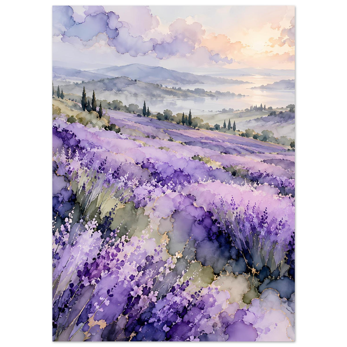 Landschaftsposter mit lila Lavendelfeld, pastellfarbenem Himmel und Nebellandschaft