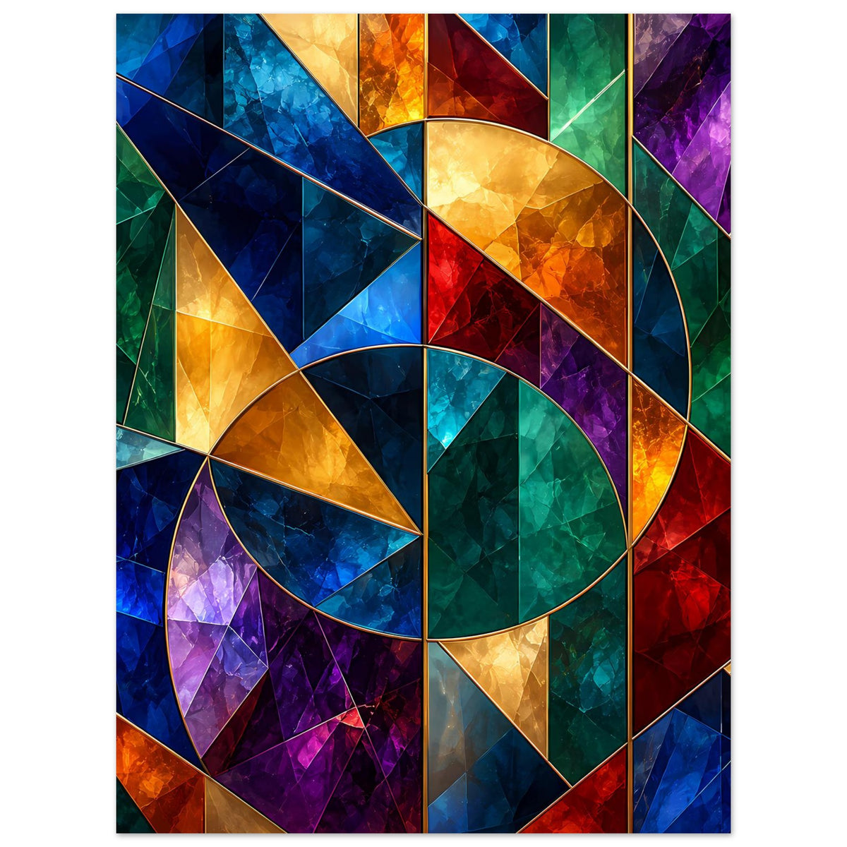 Poster mit geometrischem Tiffany-Glas-Motiv und großer Halbkreislinie in Blaugrün, Gelb und Rot