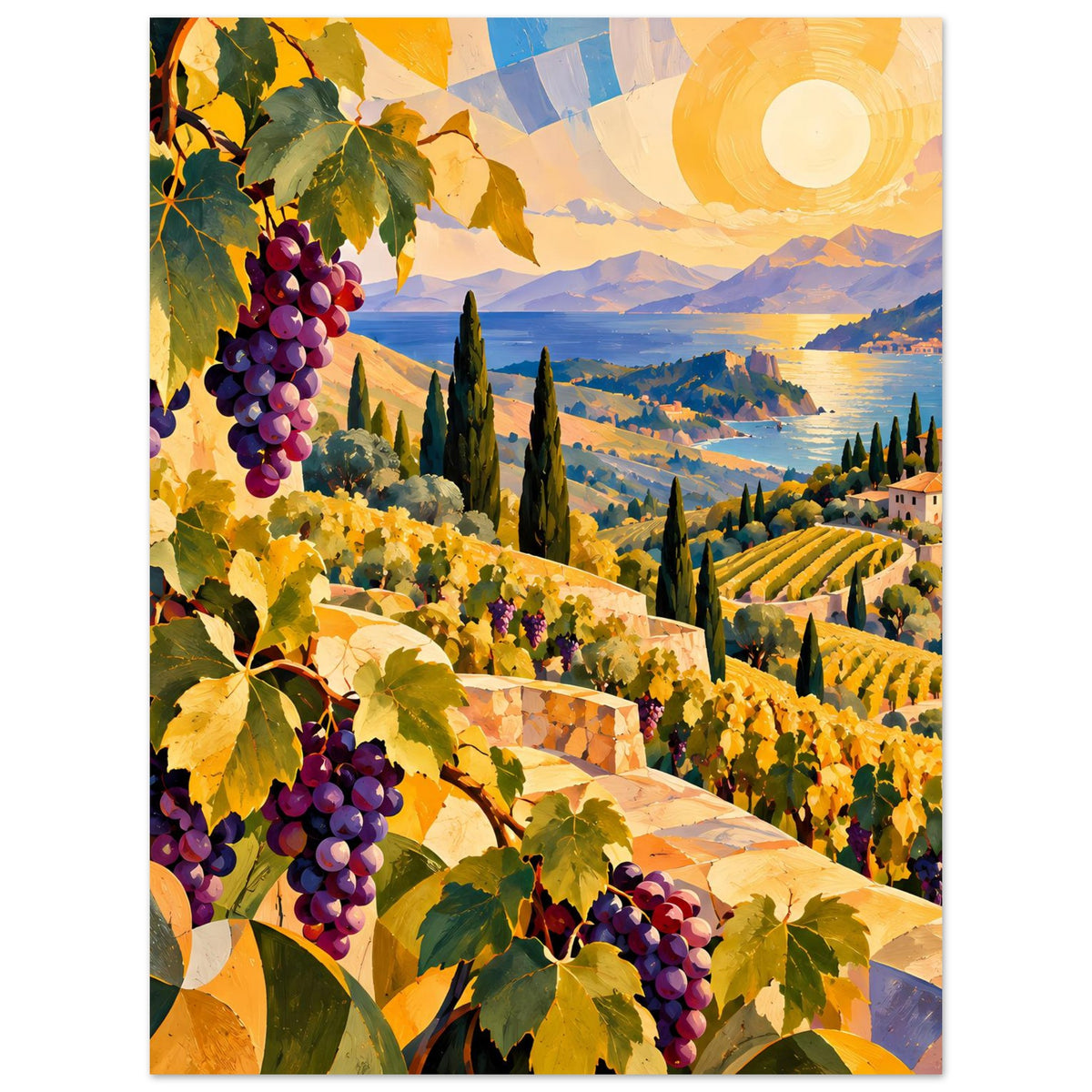 Poster mit Weinreben: violette Trauben, gelbe Weinreihen, Landschaft mit Sonne im Himmel