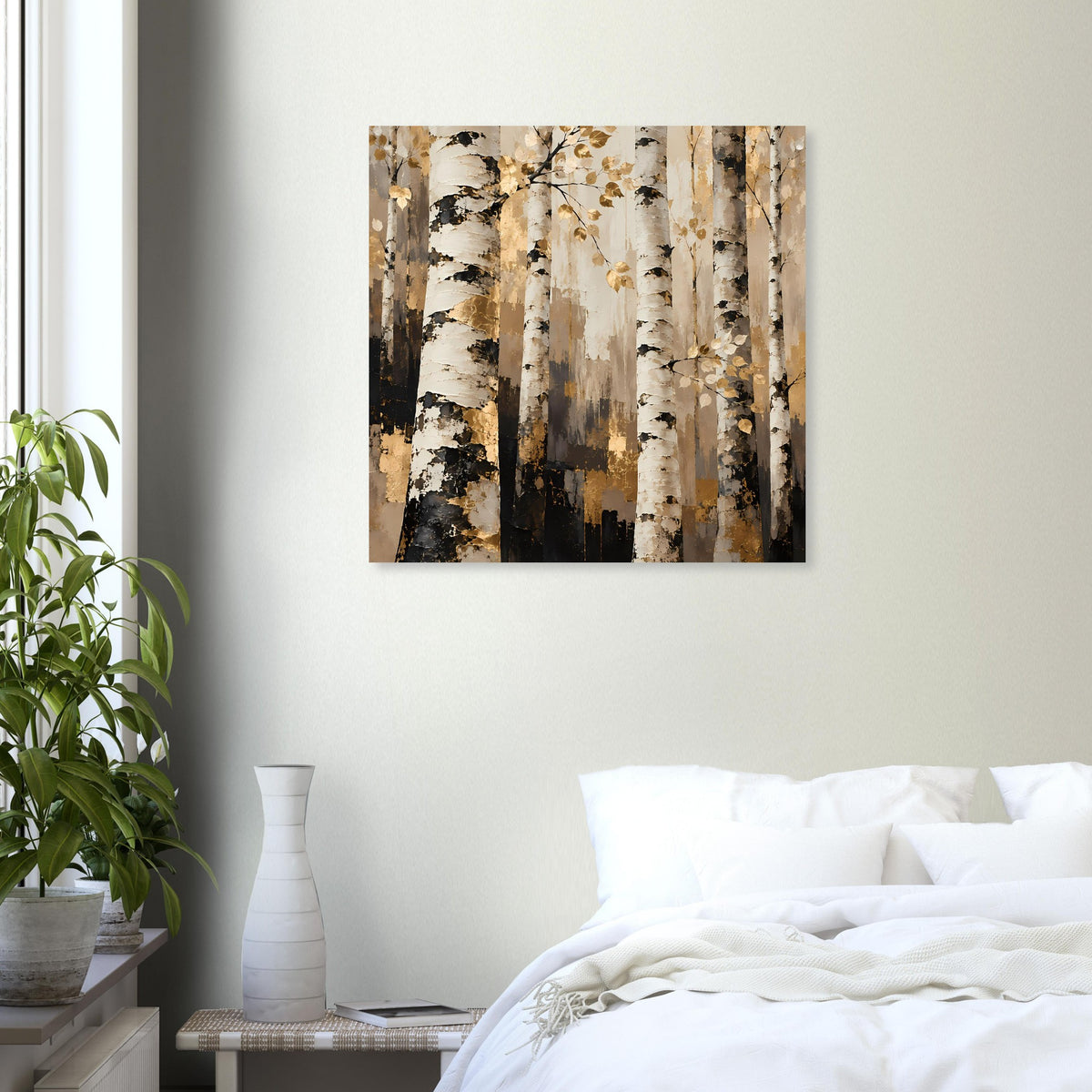 Quadratisches Naturposter Birkenwald in warmen Erdtönen, kontrastreiche Baumstämme und Punkte