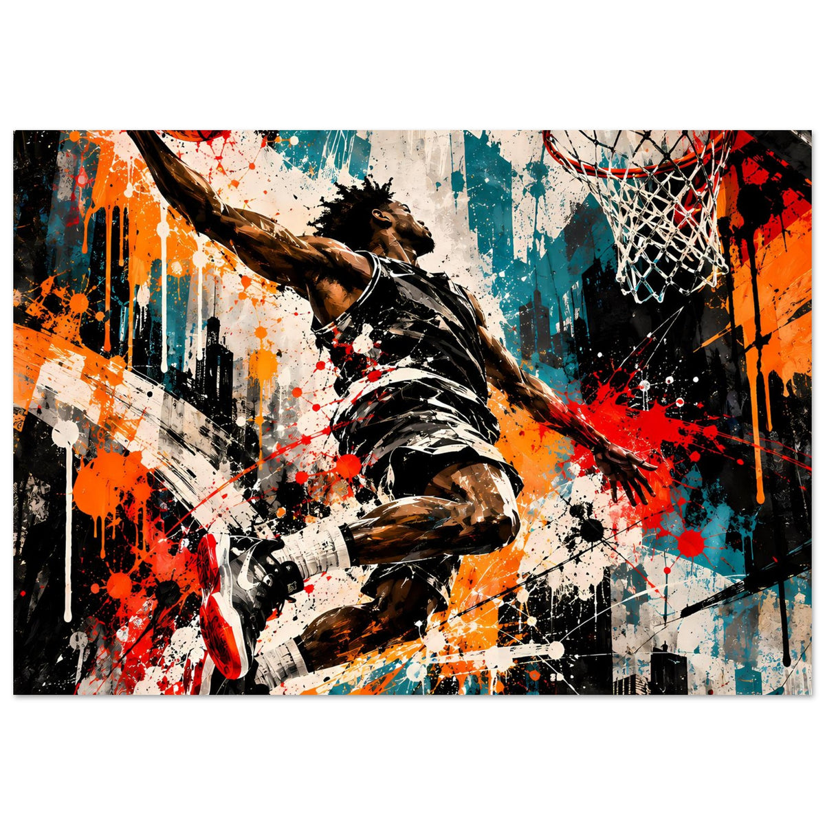 Basketball-Poster mit Spritz- und Street-Art: Spieler im Wurf, Korb im Bild, kräftige Farben