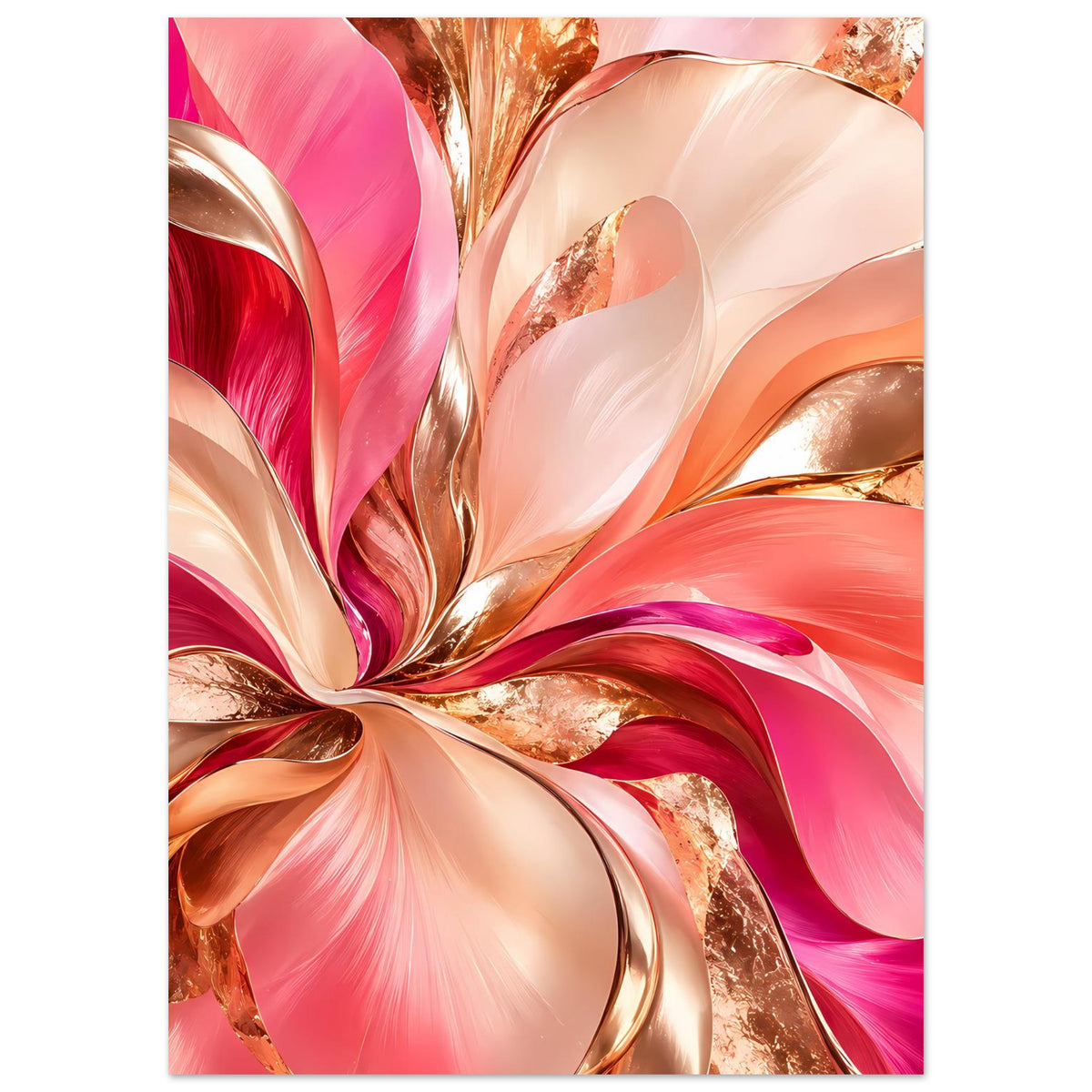 Abstraktes Blumenposter mit rosafarbenen Blättern und goldenen Schimmerkanten