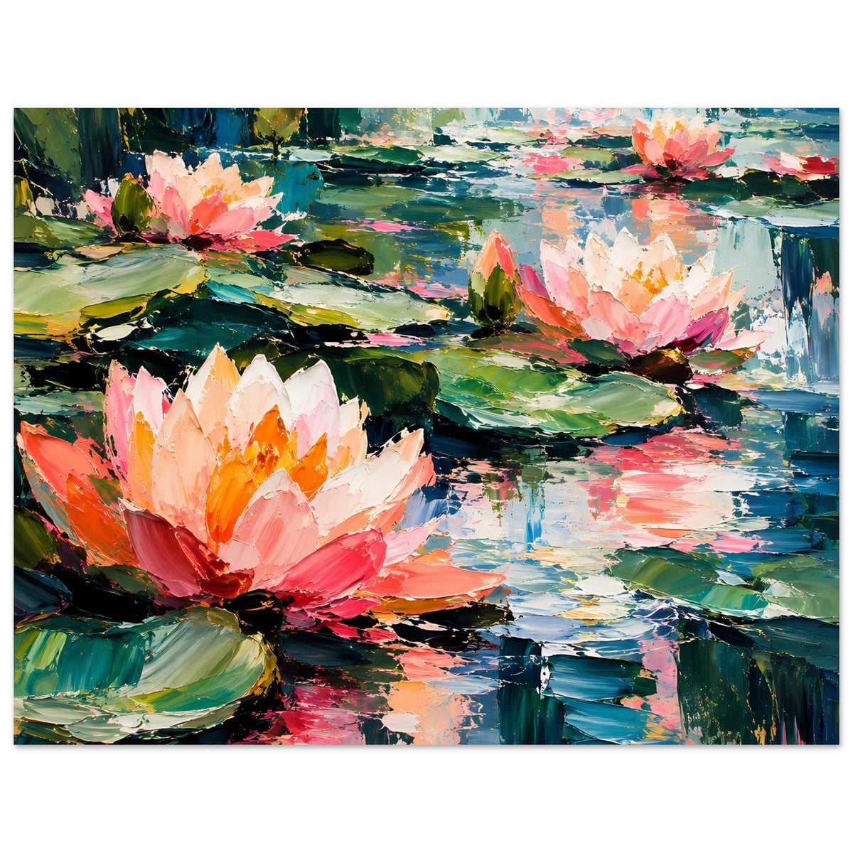 Querformat-Poster mit großen Seerosenblüten in Pink und Orange sowie grün-blauen Reflexen
