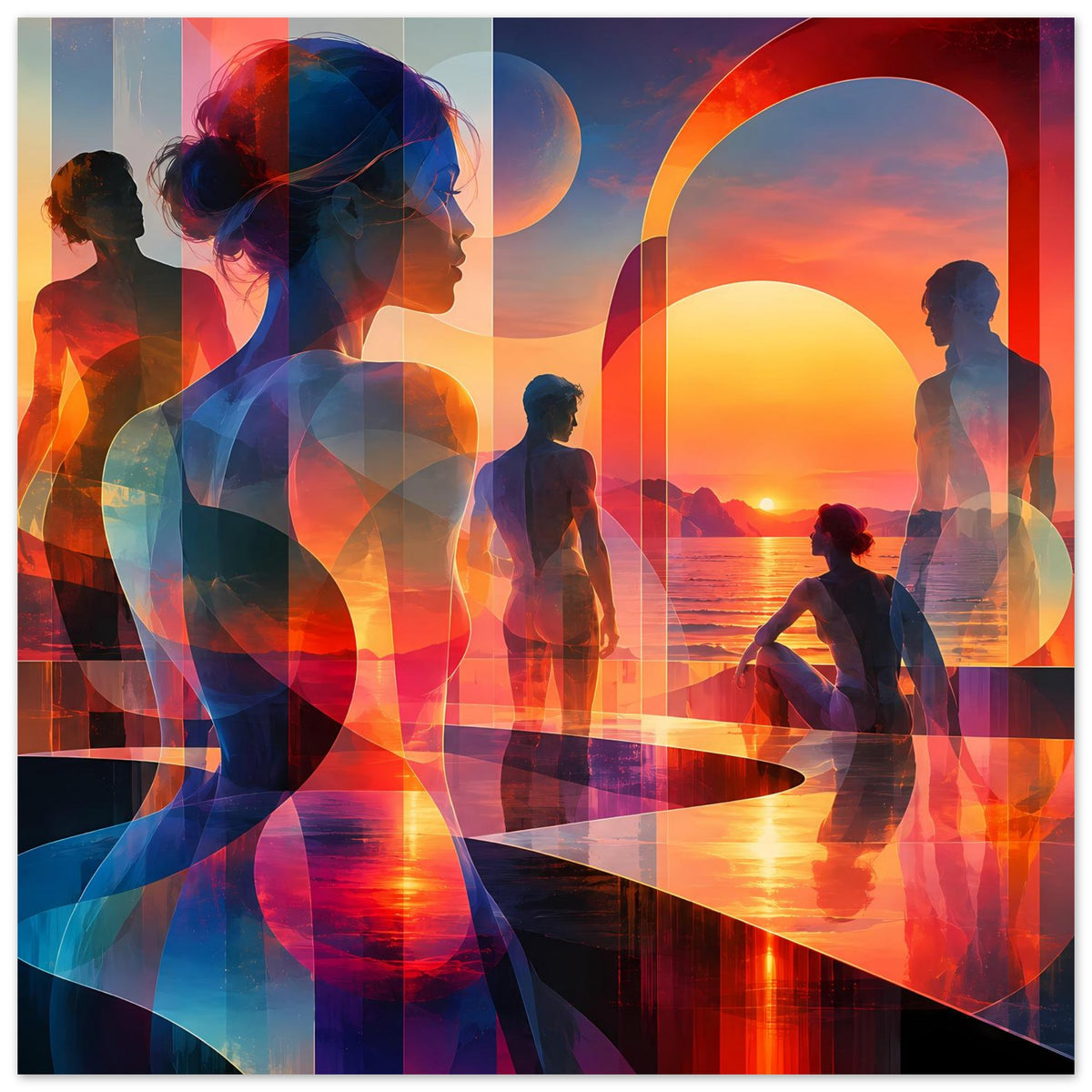 Kunstposter im Querformat: mehrere Silhouetten, orange-blauer Himmel und Sonnenkreis