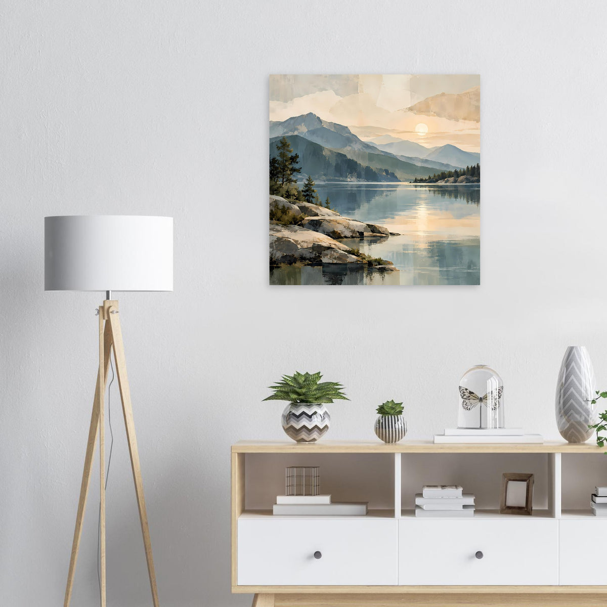 Poster mit Bergsee-Landschaft und Sonnenaufgang, ruhige Berge und Wasser