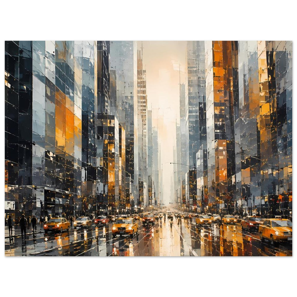 Stadtposter im Hochformat: gelbe Taxis im Straßengewirr zwischen Hochhäusern