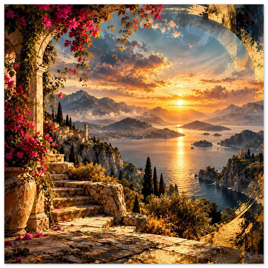 Küstenposter mit Balkonbogen, goldener Sonnenuntergangsstimmung über Meer und Bergen