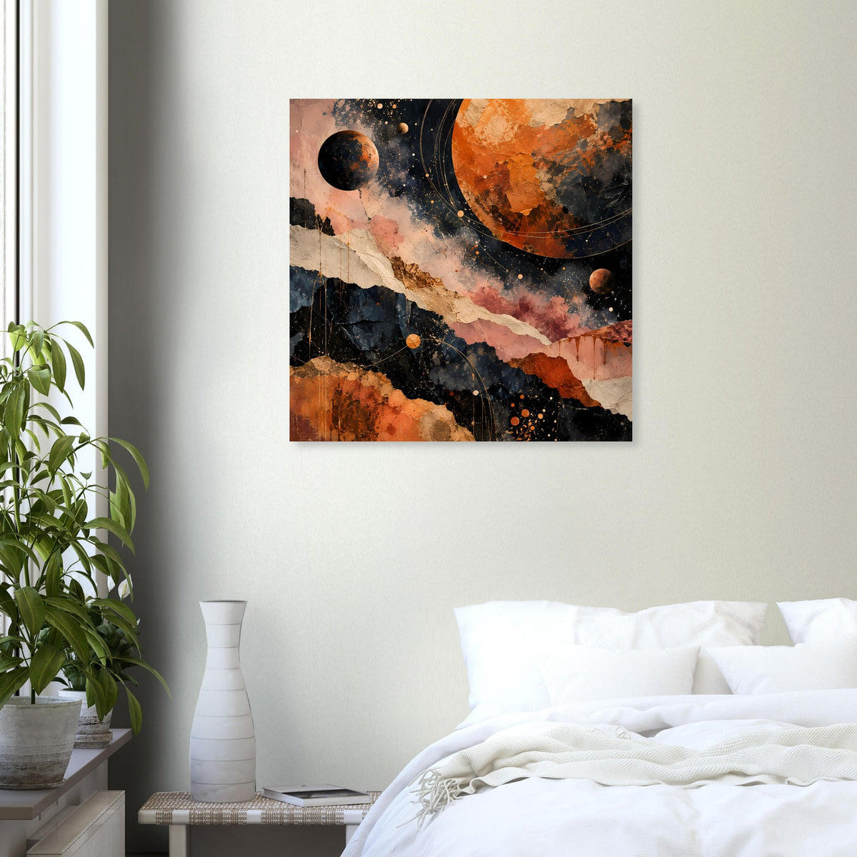 Gerahmtes quadratisches Poster mit kosmischem Abstraktbild in warmen Erdtönen