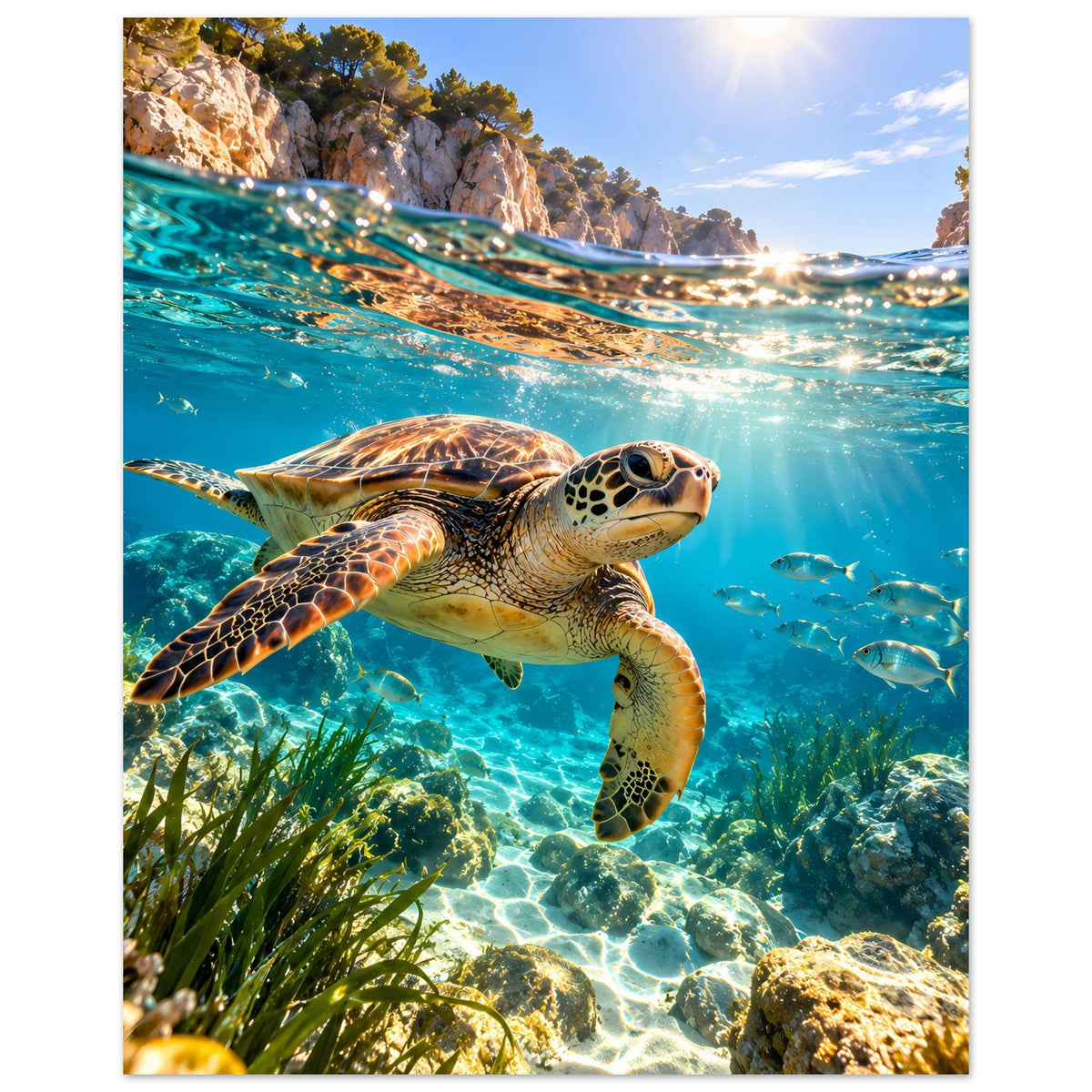 Meeresschildkröten-Premiumposter im Hochformat: Schildkröte mit klar erkennbaren Panzerflecken
