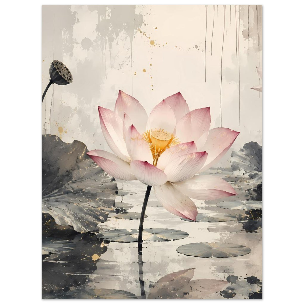 Poster mit großer rosafarbener Lotusblüte, weiß-rosa Blütenblätter über grauen Seerosenteichen
