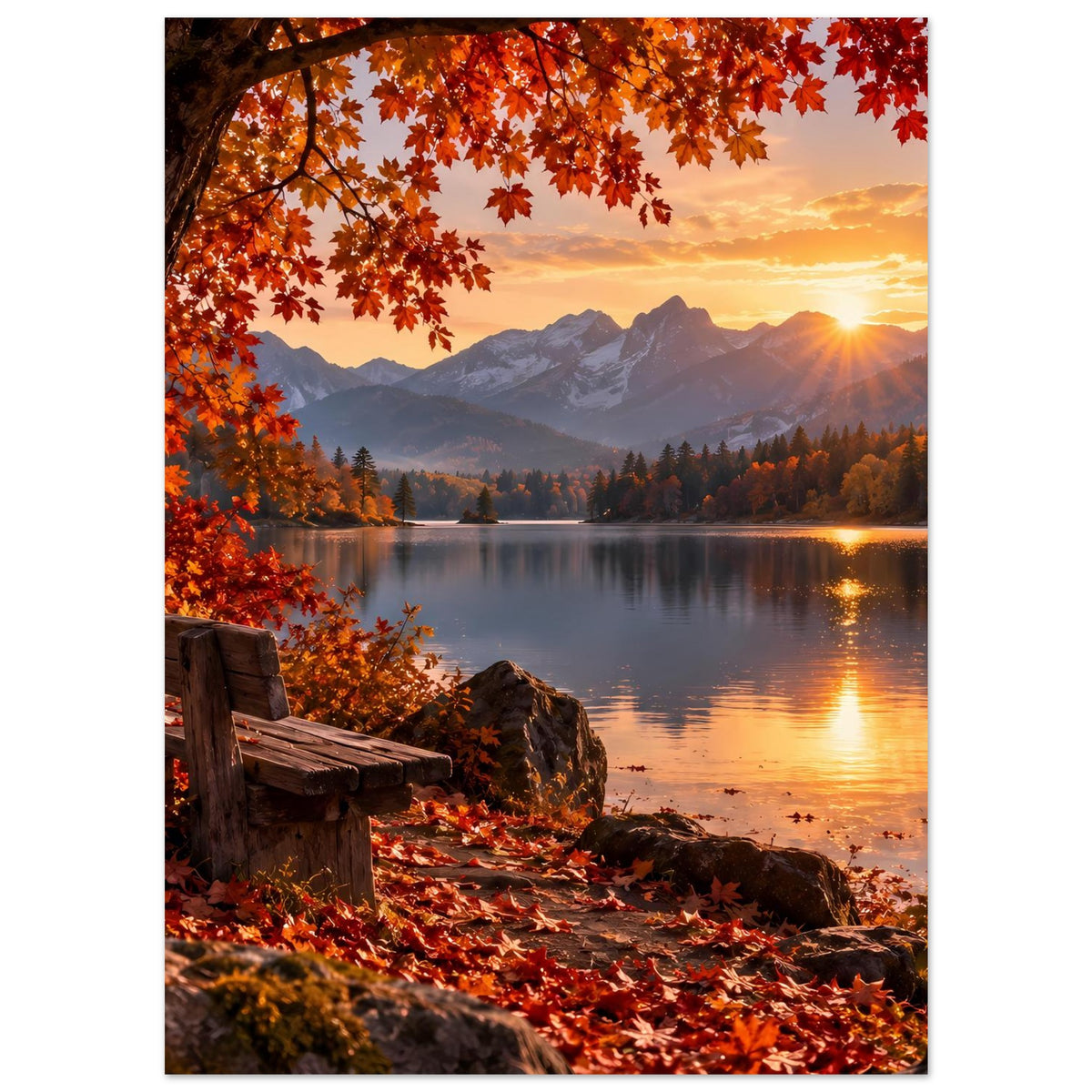 Herbstlandschafts-Poster: Baumkrone mit roten Blättern, Bank am See und Berge
