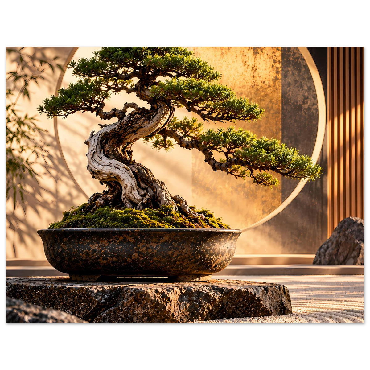 Bonsai-Garten-Poster: Bonsai im Steinschalenmotiv, goldener Halbkreis im Hintergrund