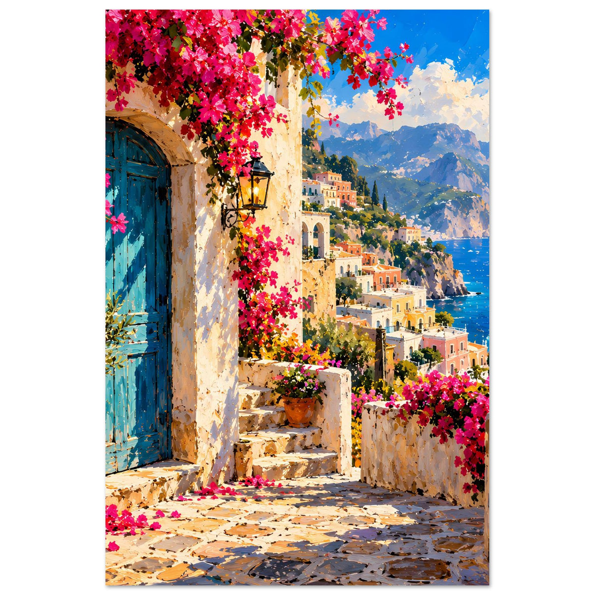 Hochformat-Poster: mediterrane Fassade mit Laterne, pinken Blüten und türkisblauem Wasser
