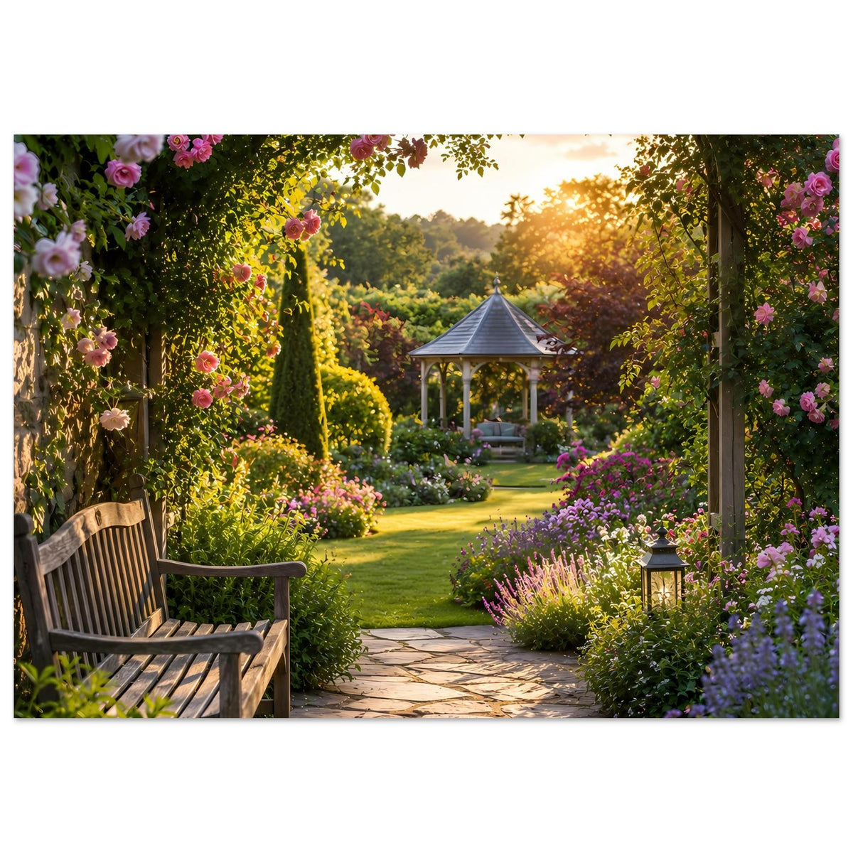 Naturposter mit Gartenweg, Holzbank links, Blumenranken und Pavillon im goldenen Licht