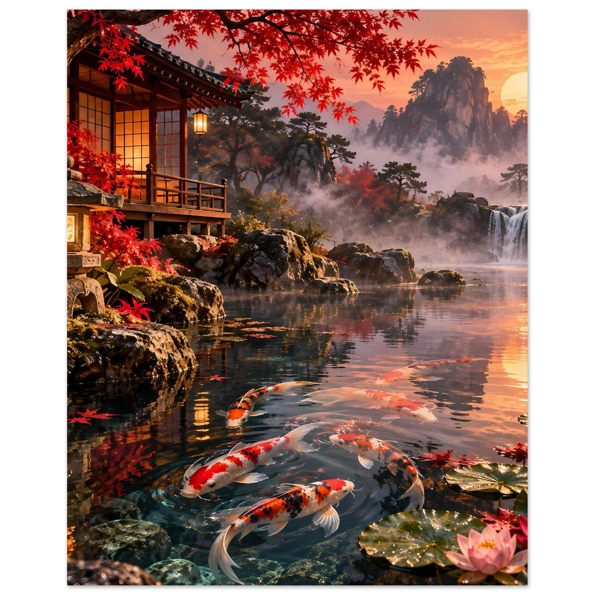 Poster mit Koi-Teichmotiv: Koi-Fische, Wasseroberfläche mit Reflexen und Felsenkante