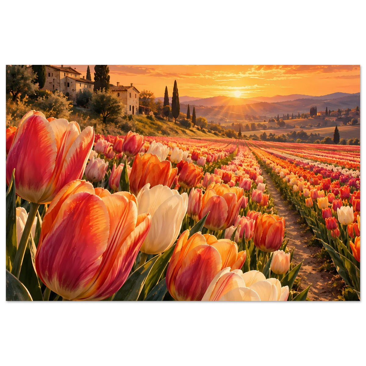 Poster mit Tulpenfeld im Sonnenuntergang: orange-rote und weiße Tulpen im Reihenverlauf
