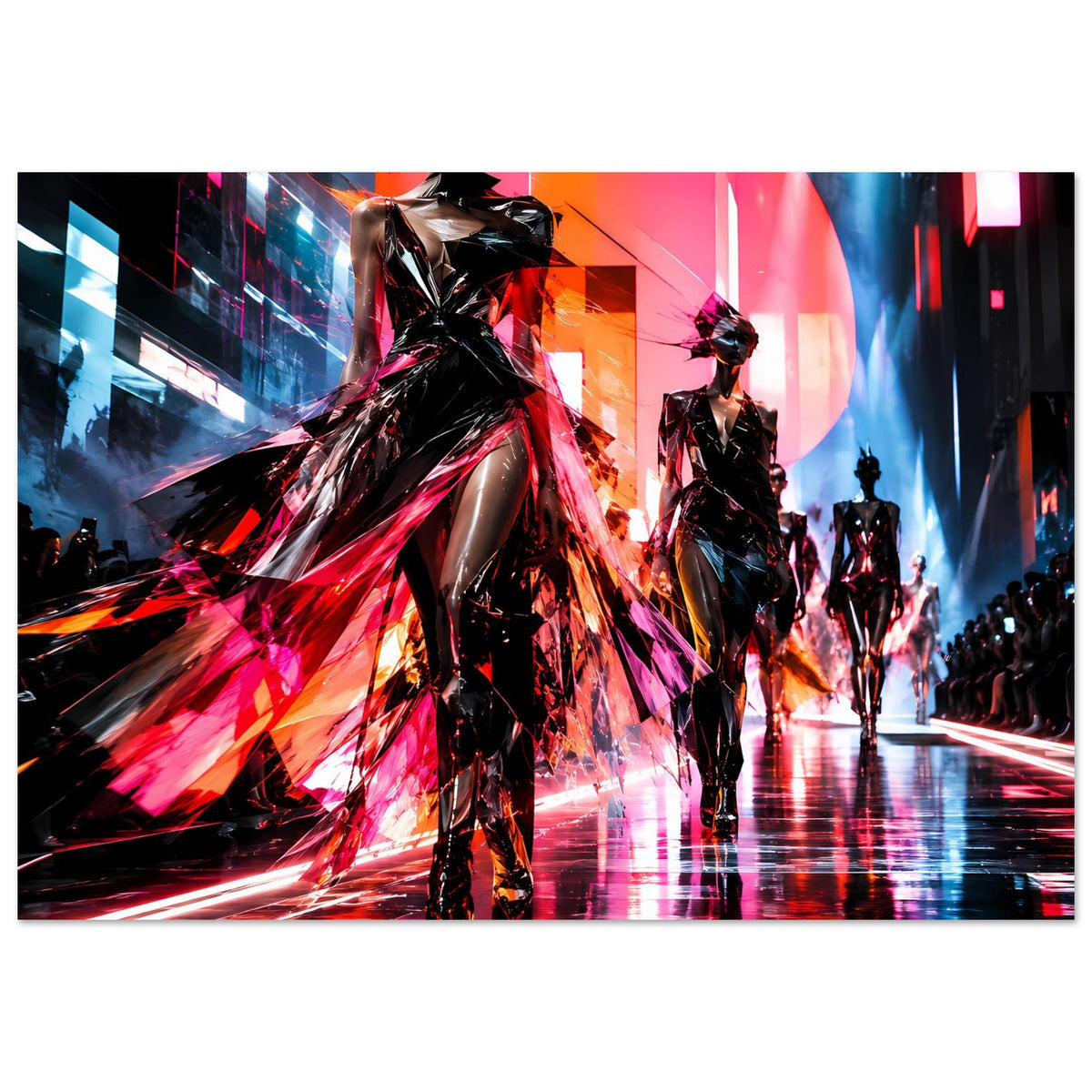 Neon-Fashion-Poster mit Laufsteg-Silhouetten in Schwarz, Rot, Pink und Blau vor Lichterkulisse