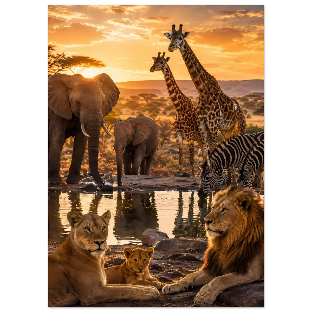 Vertikales Tiermotiv-Poster mit Elefanten, Giraffen, Zebra und zwei Löwen im Sonnenlicht